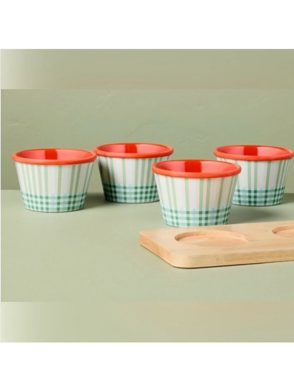 Hearth & Hand *SET OF 4* Plaid Melamine Mini Bowls & Bamboo Wood Tray Serving